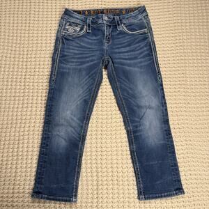 Rock Revival Easy Crop Capri Jeans SZ 25 – Embellished Pockets, Thick Stitch